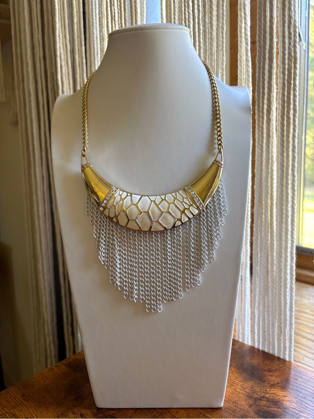 Two-Tone Gold and White Fringe Statement Necklace